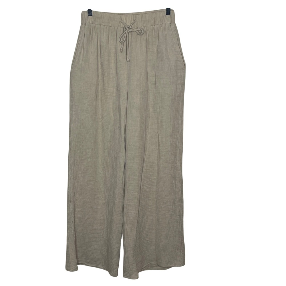 a. ren Womens‎ Beige Cotton Gauze Wide Leg Drawstring Pants AR1014 Medium